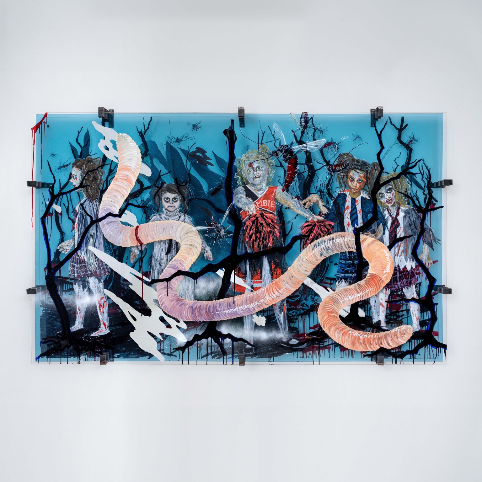 Heidi by Iris Helena Hamers, 2022, acrylic, ink, graphite, spy film and spray paint on acrylic glass, steel