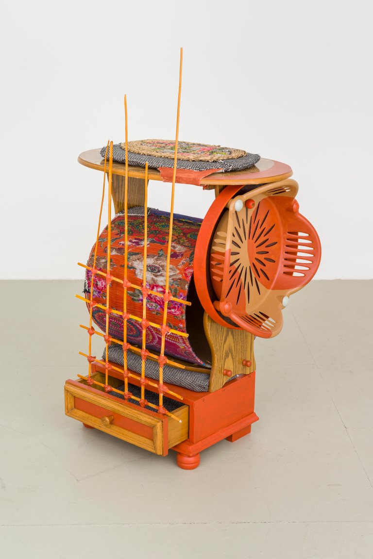 Yard, Button, Girl by Miriam Schmitz, 2024, WOOD, FABRIC, FOAM, PLASTIC, ACRYLIC PAINT, CARDBOARD, RAFFIA, GYPSUM