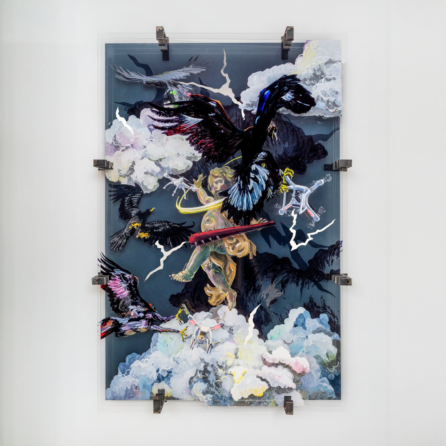 Something I can't touch is reaching out for me by Iris Helena Hamers, 2023, acrylic, ink, graphite and spy film on acrylic glass, steel