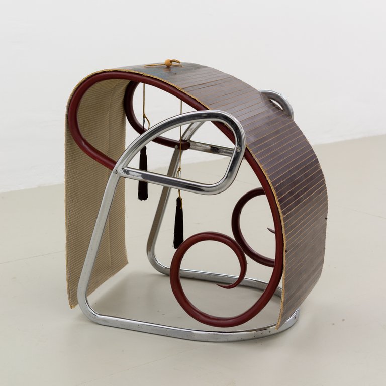 Sororal, yet drolatic by Miriam Schmitz, 2022, steel, wood, leather, plastic, bamboo