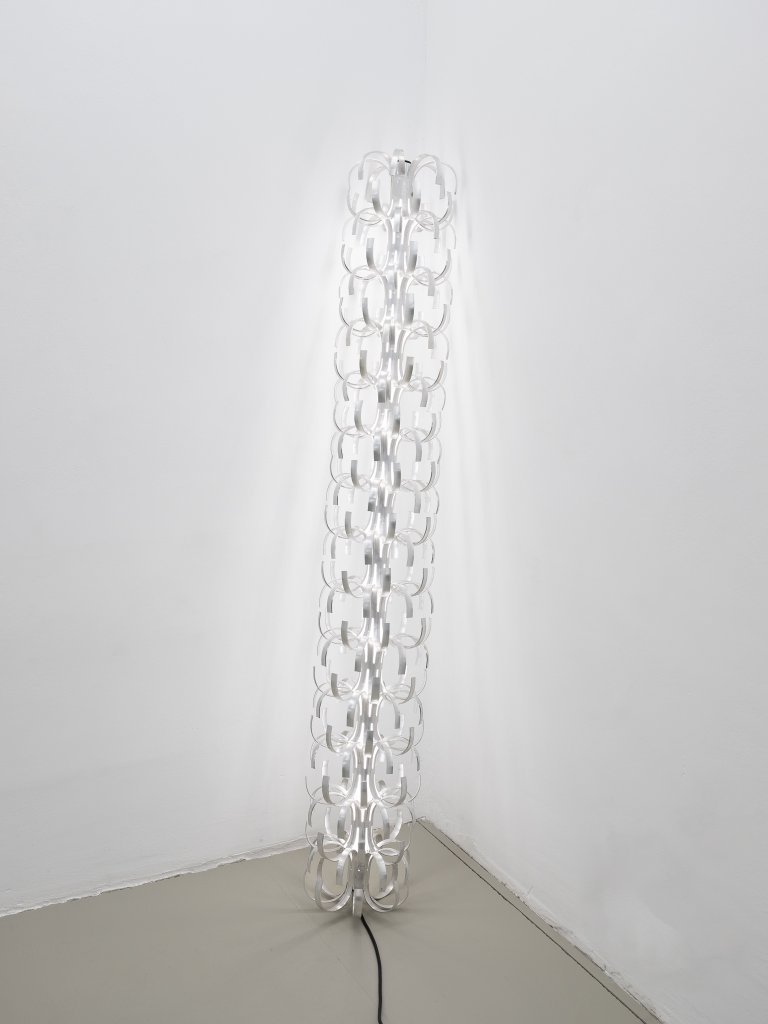 Gatekeeper (Piece) by Emil Walde, 2025, galvanised steel, aluminum, fluorescent tube, cable