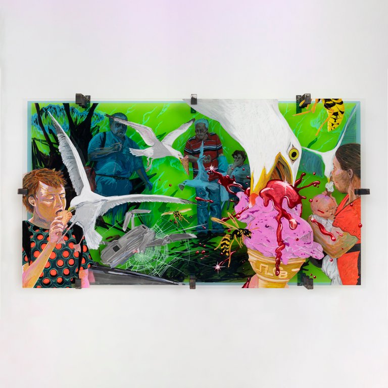 Grand Theft by Iris Helena Hamers, 2023, acrylic, ink, graphite and spy film on acrylic glass, steel