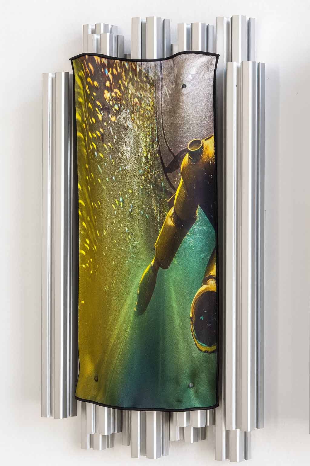 Orion Weight by Tatjana Vall, 2025, reactive print on silk, aluminum artist frame
