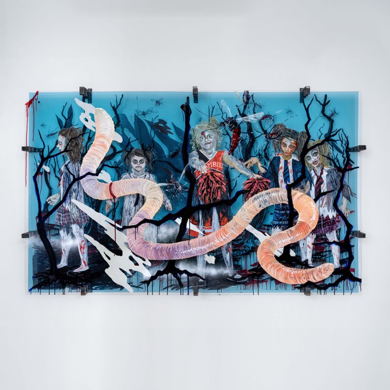 Heidi by Iris Helena Hamers, 2022, acrylic, ink, graphite, spy film and spray paint on acrylic glass, steel