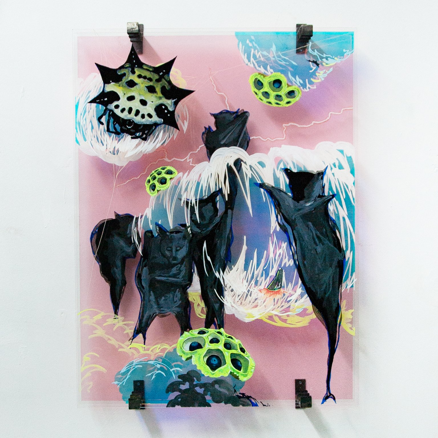 someone filmed bats upside down by Iris Helena Hamers, 2024, acrylic, ink and iridescent film on acrylic glass, steel
