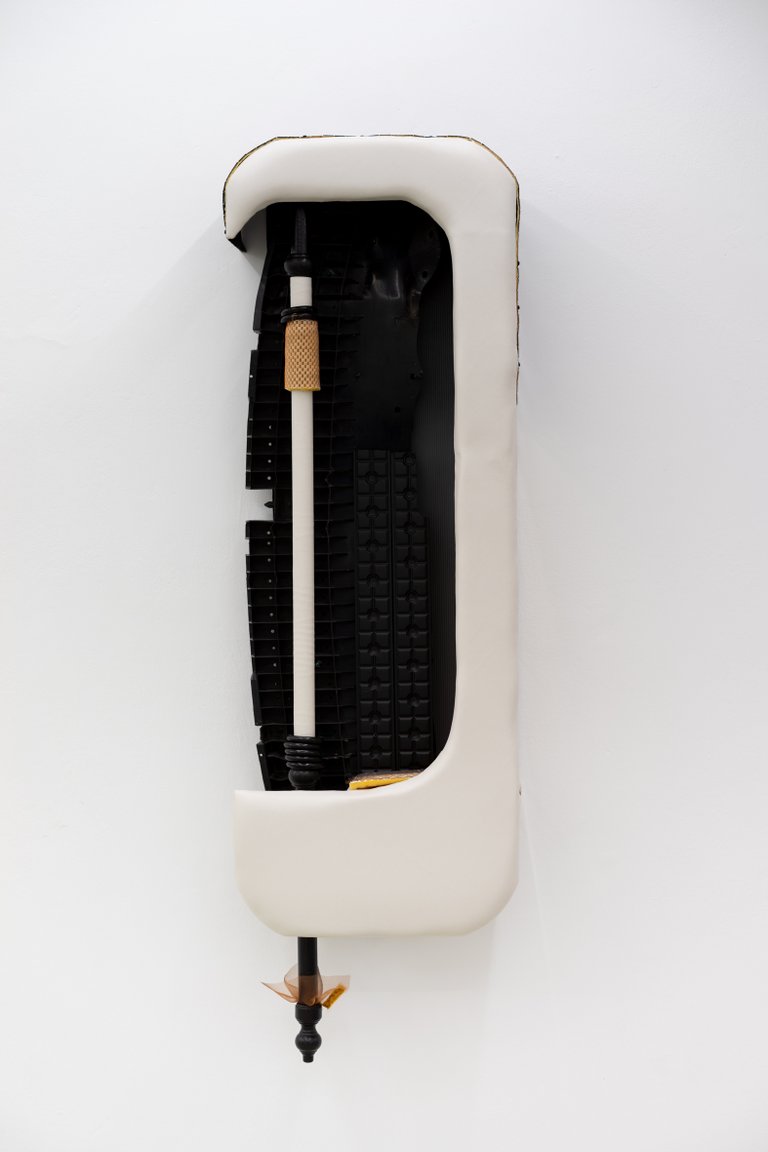 The rust on my hair (medicine cabinet) by Miriam Schmitz, 2023, synthetic leather, wood, plastic, foam, fabric, steel, acrylic