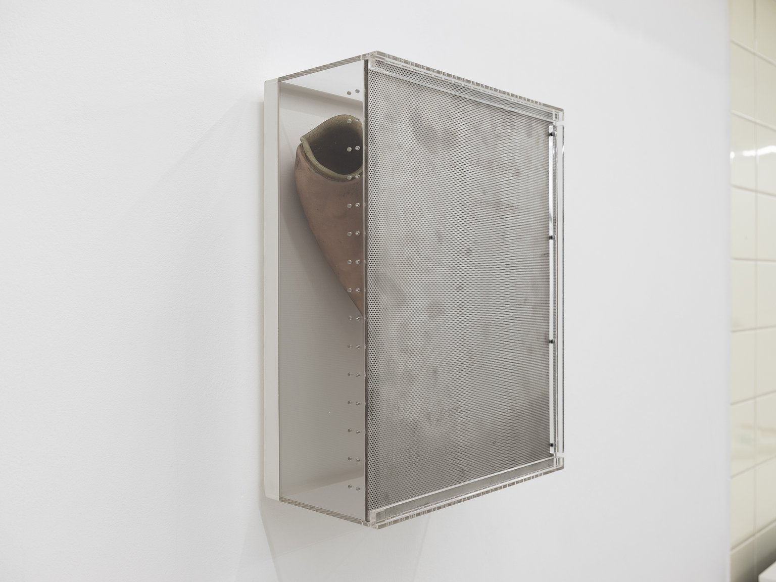 Beauty Box by Emil Walde, 2021, PERFORATED SHEET METAL, PLEXIGLASS, PROSTHESIS, WOOD, LACQUER
