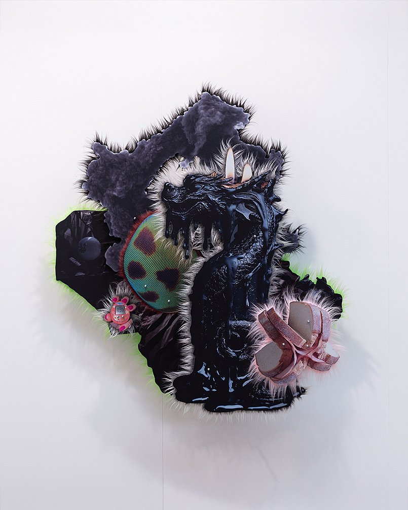 Nymph by Iris Helena Hamers, 2025, UV print on aludibond, aluminum, steel, faux fur