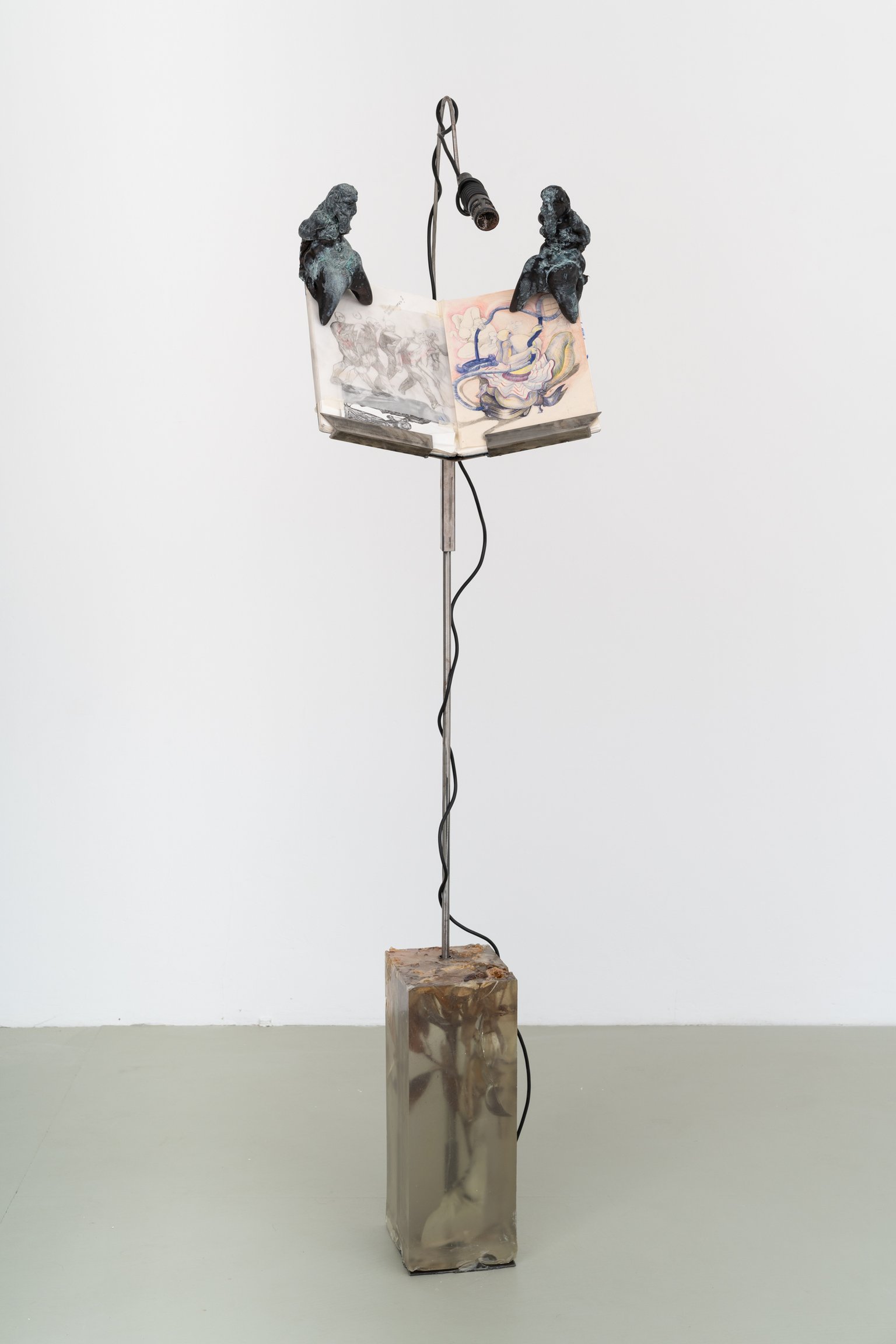 I'm just a kid with a dream 2 by Magdalena Frauenberg, 2024, steel, paper, microphone, PLA, plastic, resin, flowers