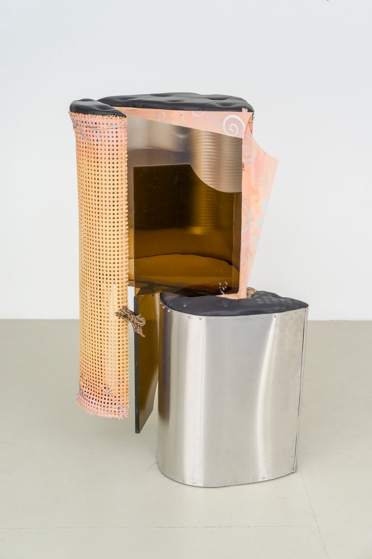 SoHo Witch by Miriam Schmitz, 2023, WOOD, ALUMINUM, LEATHER, PLASTIC, FOAM, FABRIC, PLEXIGLASS, ACRYLIC GLASS, ACRYLIC PAINT