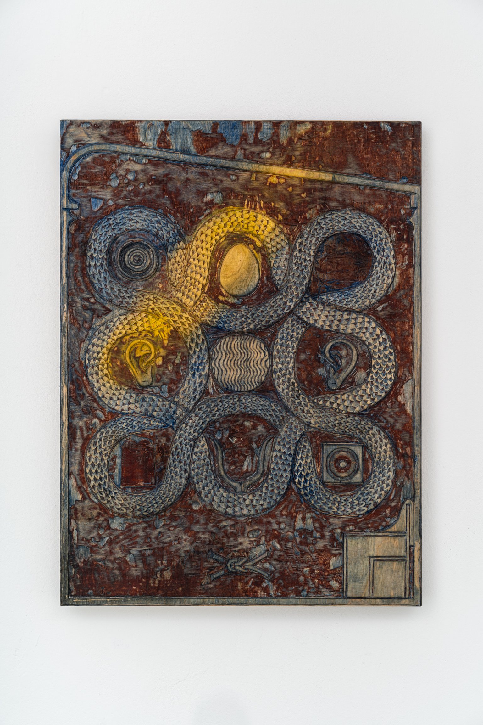 If you listen carefully by Vicente Hirmas, 2023, oil on carved wood