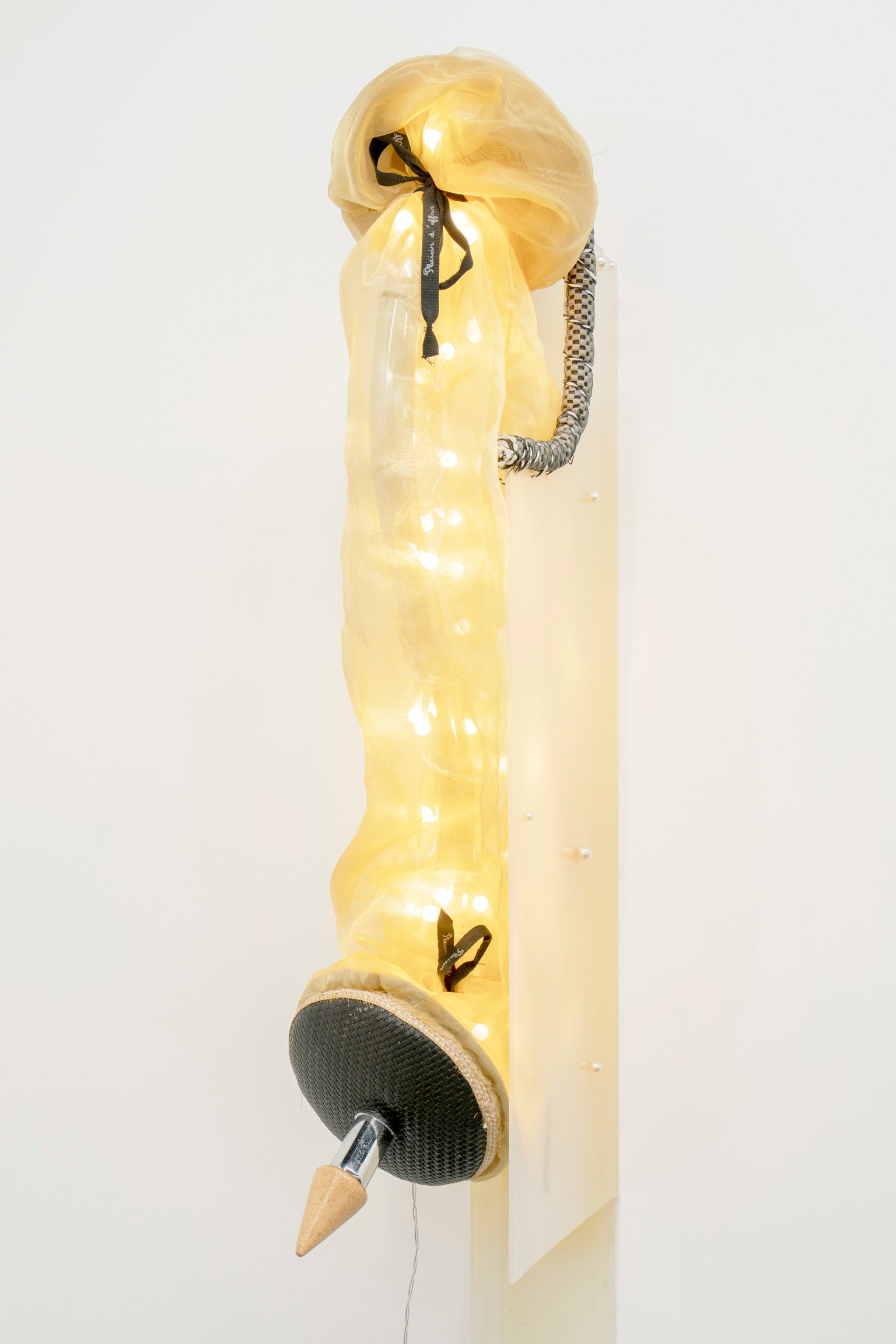 Night-me Twin-Set by Miriam Schmitz, 2024, steel, fabric, fairy lights, plastic, foam, wood, faux leather, beads