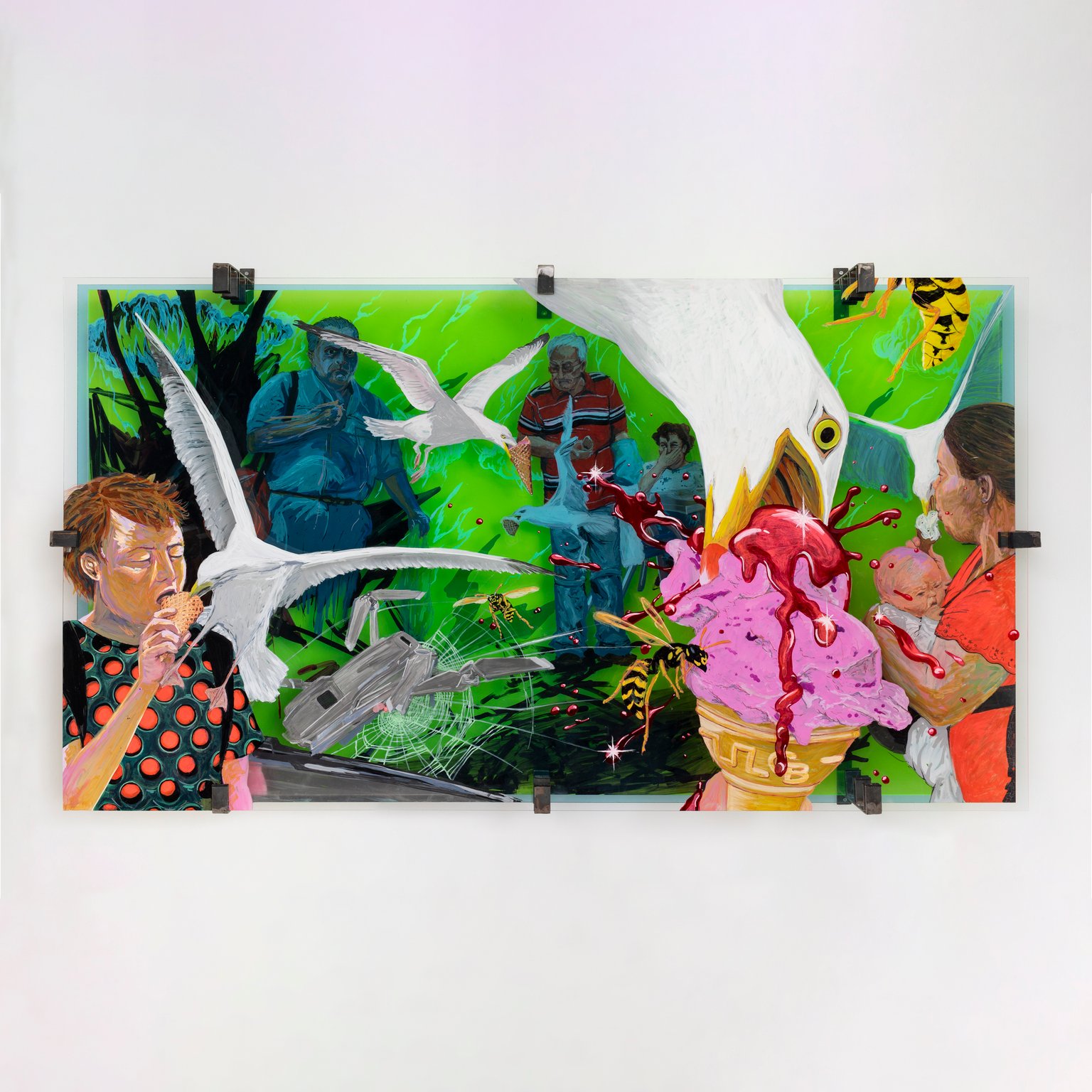 Grand Theft by Iris Helena Hamers, 2023, acrylic, ink, graphite and spy film on acrylic glass, steel
