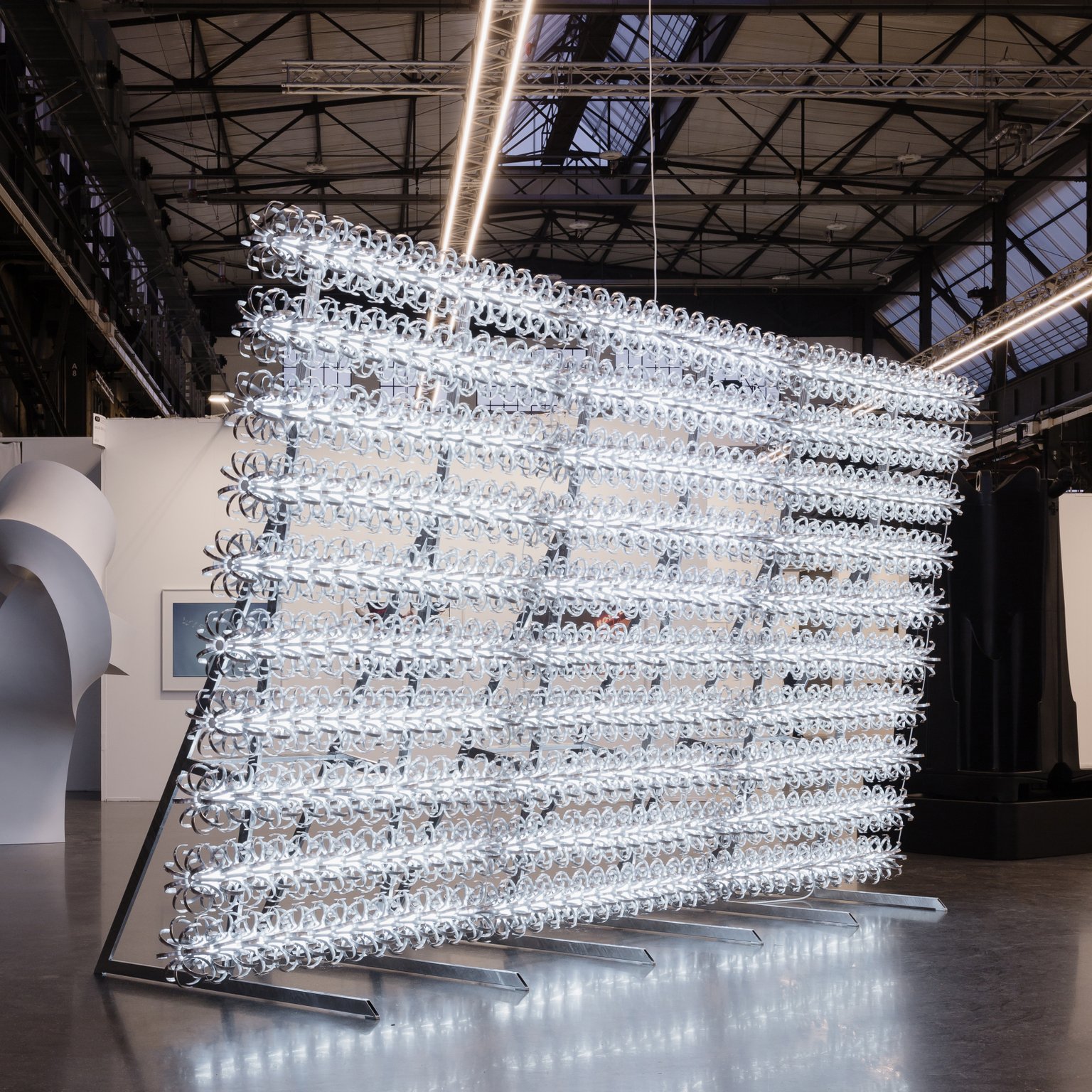 Gatekeeper by Emil Walde, 2025, galvanised steel, aluminum, fluorescent tubes, cable