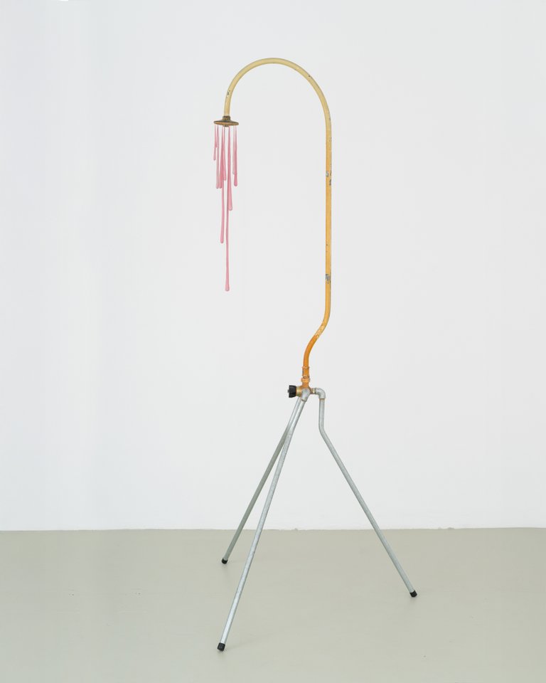 Untitled (Große Dusche) by Lena Schramm, 2025, FOUND OBJECT, GALVANIZED MALLEABLE IRON, HEMP, SYNTHETIC RESIN & PIGMENTS