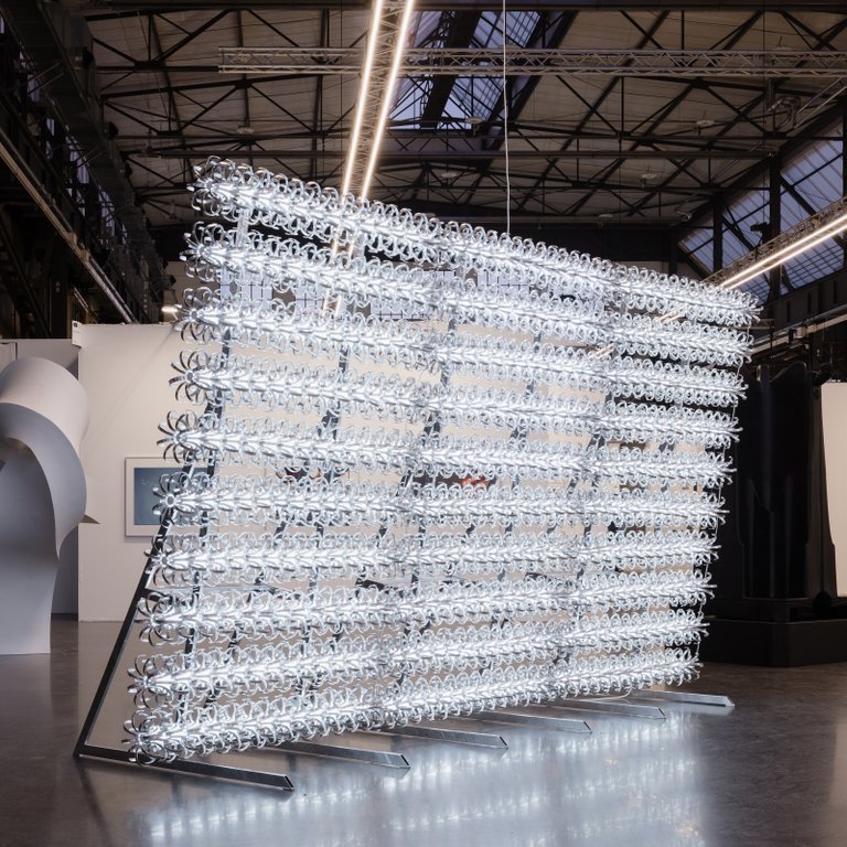 Gatekeeper by Emil Walde, 2025, galvanised steel, aluminum, fluorescent tubes, cable