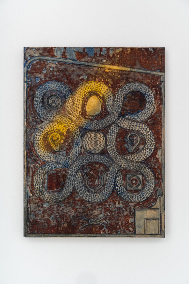 If you listen carefully by Vicente Hirmas, 2023, oil on carved wood