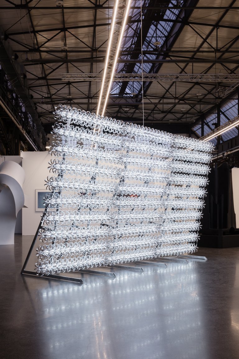 Gatekeeper by Emil Walde, 2025, GALVANISED STEEL, ALUMINUM, FLUORESCENT TUBES, CABLE