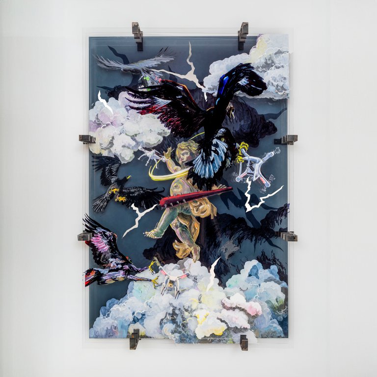 Something I can't touch is reaching out for me by Iris Helena Hamers, 2023, acrylic, ink, graphite and spy film on acrylic glass, steel