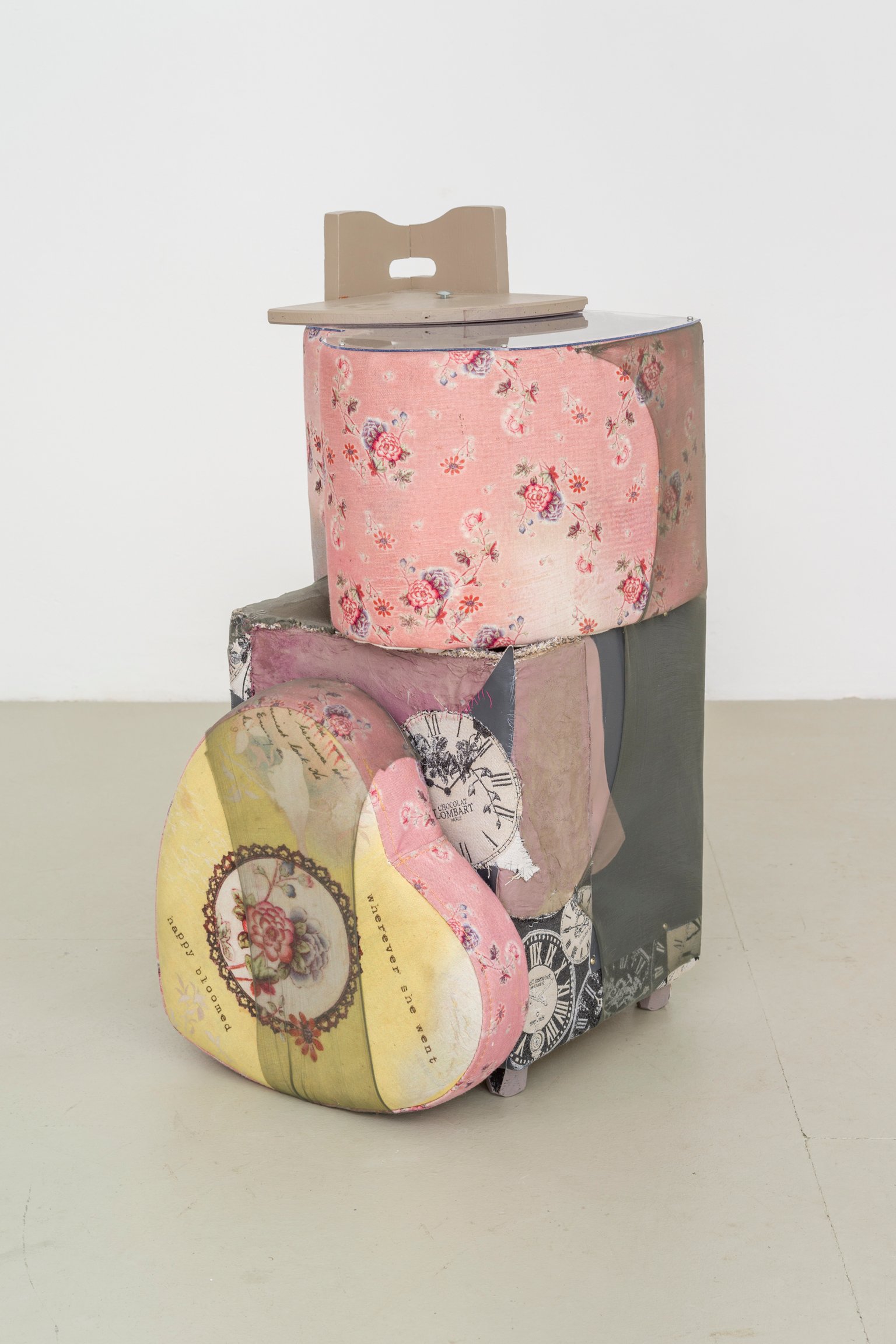 Stuffed Times Nightstand by Miriam Schmitz, 2023, wood, foam, fabric, acrylic paint, acrylic glass