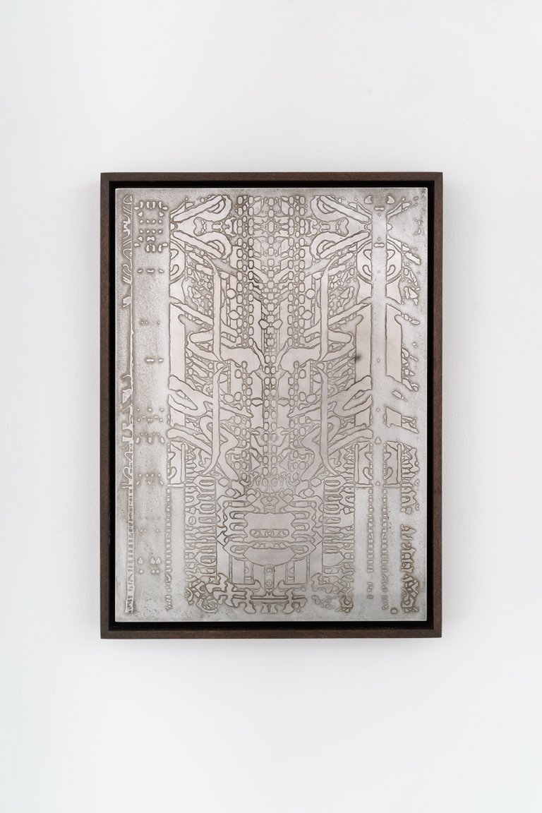 o.T. by Marc Botschen, 2024, etching on aluminum, wooden frame