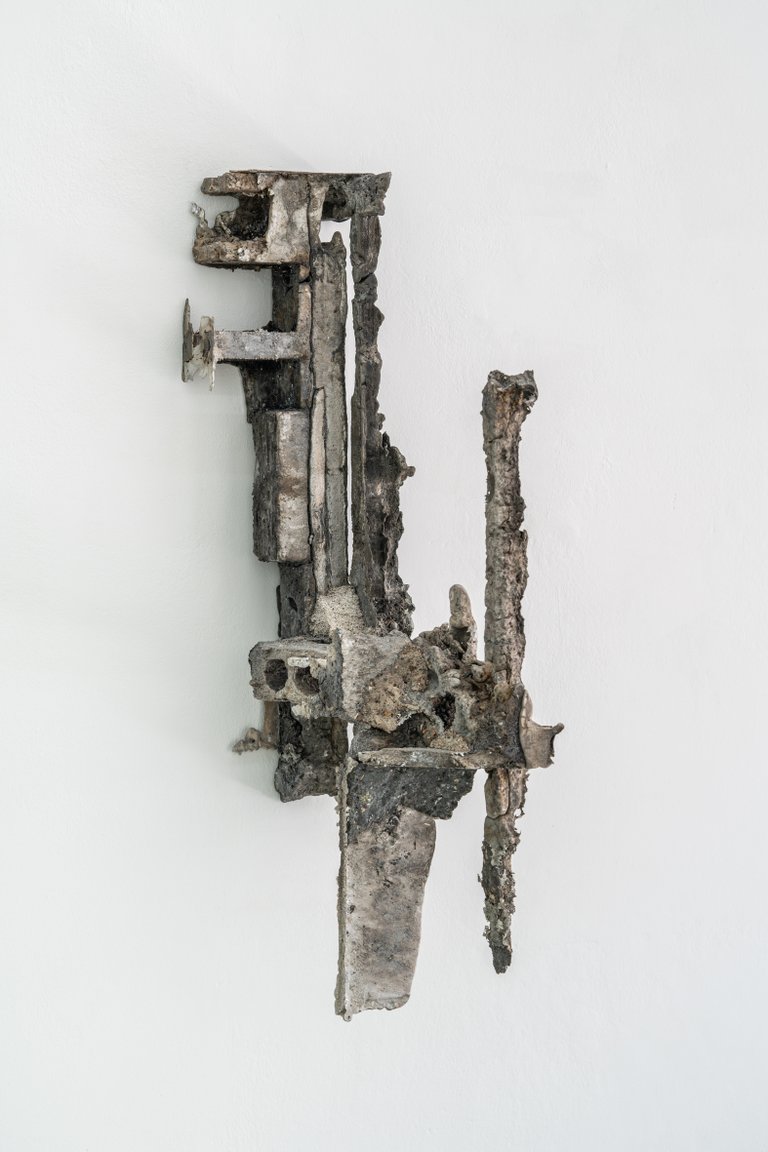 Space Debris by Georges, 2024, ALUMINUM, POME CONCRETE, CLAY, LINEN, STRAW, COAL AND PYROLYTIC ACID