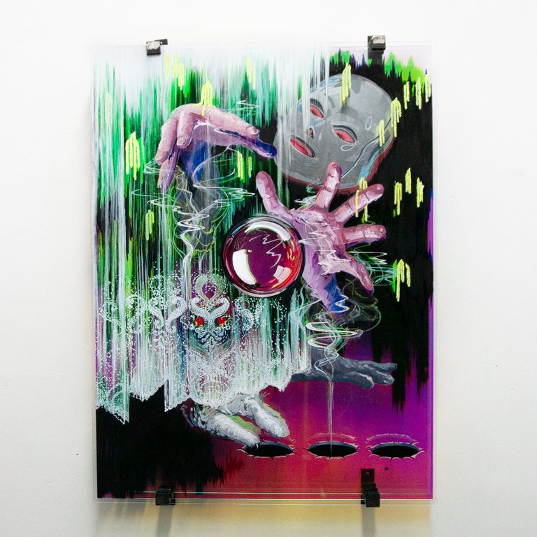 whilst checking my e-mails by Iris Helena Hamers, 2024, acrylic, ink and iridescent film on acrylic glass, steel