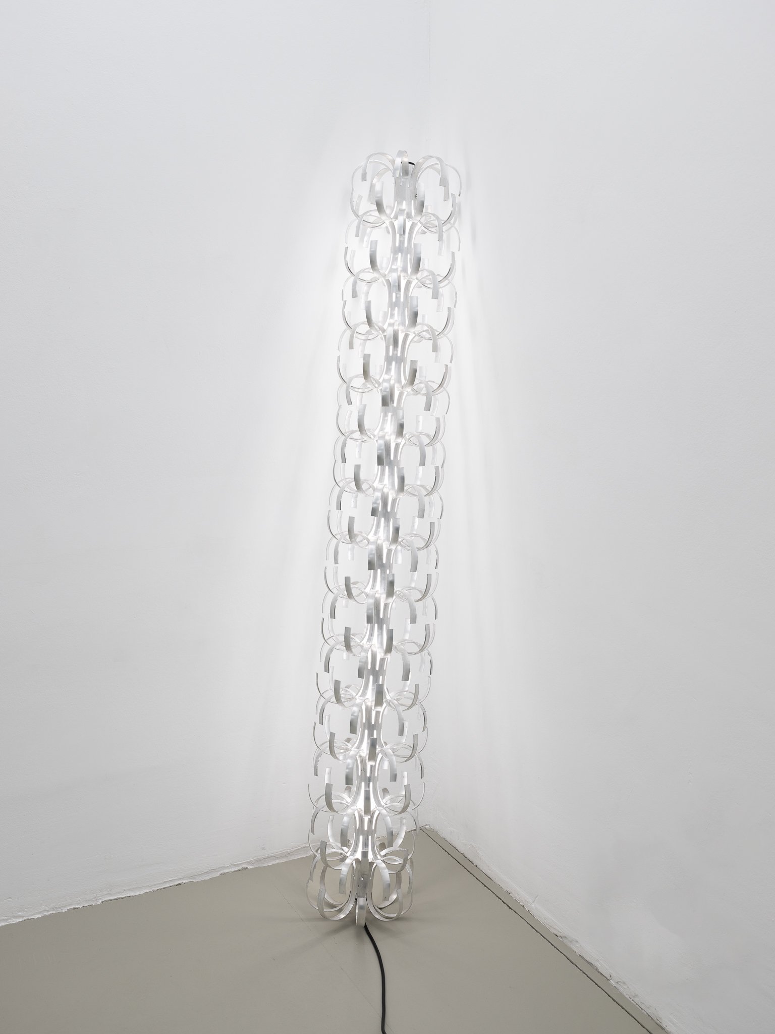 Gatekeeper (Piece) by Emil Walde, 2025, galvanised steel, aluminum, fluorescent tube, cable