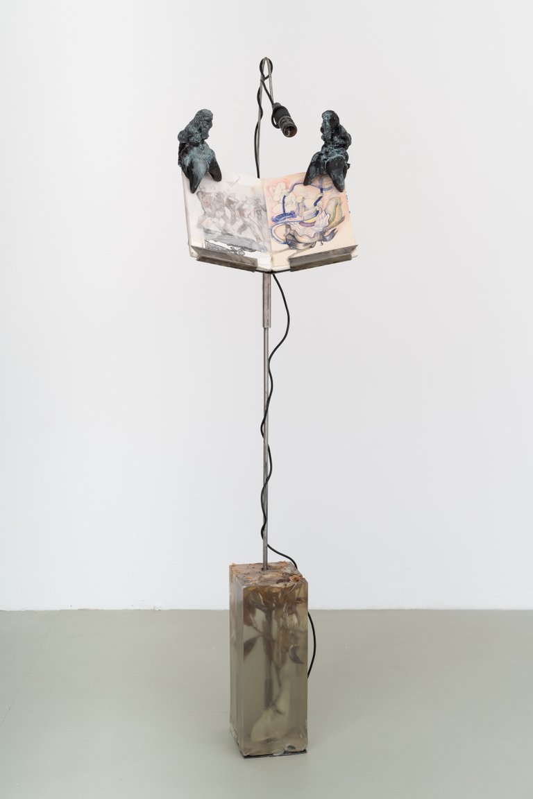 I'm just a kid with a dream 2 by Magdalena Frauenberg, 2024, steel, paper, microphone, PLA, plastic, resin, flowers